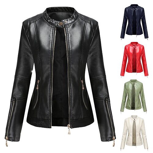 

Women's Faux Leather Jacket Street Fall Winter Regular Coat Stand Collar Regular Fit Warm Casual Cool Jacket Long Sleeve Solid Colored Pocket Green White Spring