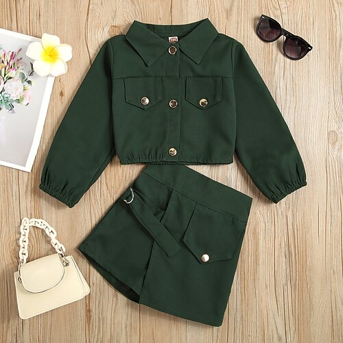 

2 Pieces Kids Girls' Solid Color Shorts Suit Set Long Sleeve Active Outdoor 3-7 Years Winter Green