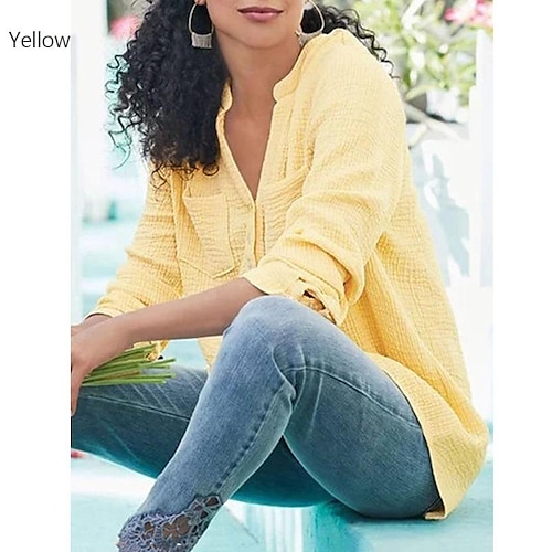 

AliExpress Amazon Wish Cross-Border New European And American Solid Color V-Neck Pocket Cotton And Linen Loose Large Size Shirt Women