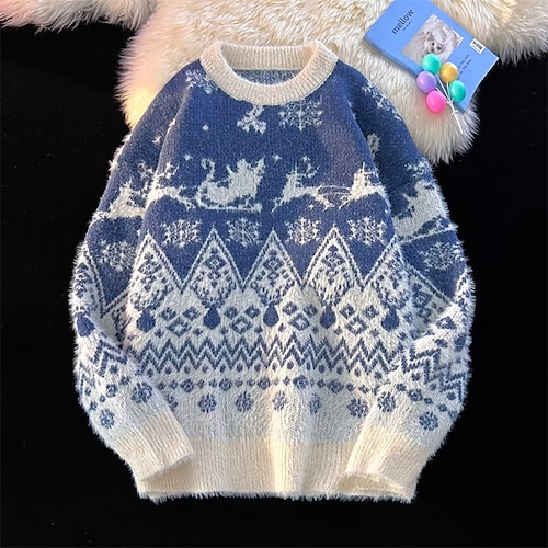 

Women's Ugly Christmas Sweater Pullover Sweater Jumper Fuzzy Knit Knitted Elk Crew Neck Stylish Casual Outdoor Christmas Winter Fall Blue Red M L XL