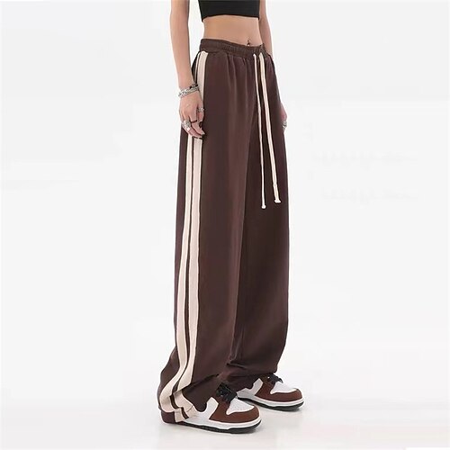 

Women's Pants Trousers Straight woven Elastic Drawstring Design Color Block Stripes Classic Modern Regular Spring & Fall Black Dark Coffee