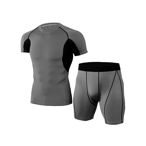 

Men's Activewear Set Compression Suit Patchwork 2 Piece Athletic Breathable Quick Dry Moisture Wicking Fitness Running Jogging Sportswear Activewear Color Block Dark Grey Black Green