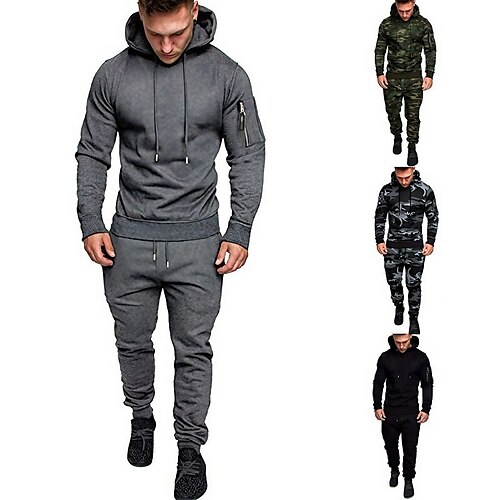 

Men's Tracksuit Sweatsuit 2 Piece Street Long Sleeve Cotton Thermal Warm Breathable Moisture Wicking Fitness Gym Workout Running Sportswear Activewear Dark Grey Camouflage Army Green Camouflage dark