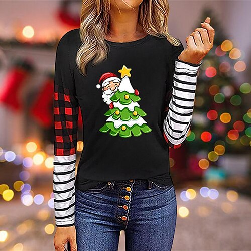 

Women's T shirt Tee Black Santa Claus Christmas Tree Print Long Sleeve Christmas Weekend Basic Round Neck Regular Painting S