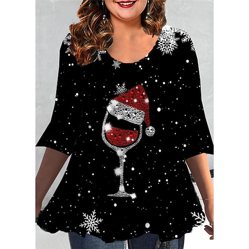 

Women's Plus Size Christmas Tops Blouse Shirt Hat Snowflake Print 3/4 Length Sleeve Crew Neck Casual Festival Daily Cotton Spandex Jersey Winter Fall Black