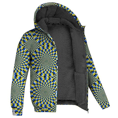 

Men's Fleece Jacket Full Zip Hoodie Fleece Hoodie Sherpa Jacket Green Blue Purple Yellow Light gray Hooded Geometric Optical Illusion Graphic Prints Zipper Print Sports Outdoor Daily Sports 3D Print