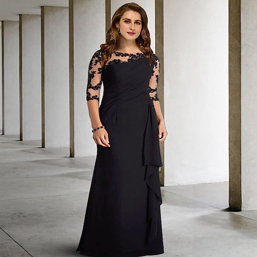 

A-Line Plus Size Curve Mother of the Bride Dresses Elegant Dress Formal Floor Length Half Sleeve Jewel Neck Chiffon with Pleats Ruched Appliques 2022