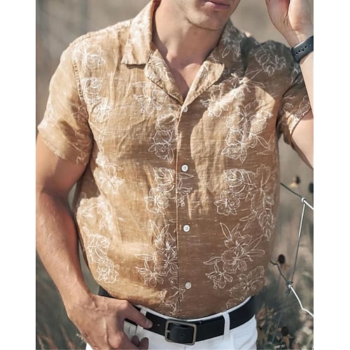 

Men's Shirt Floral Graphic Prints Turndown Khaki 3D Print Outdoor Street Short Sleeve Button-Down Print Clothing Apparel Fashion Designer Casual Soft