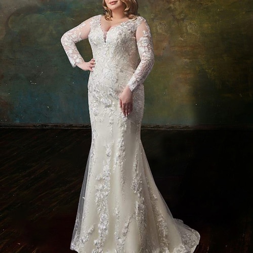 

Mermaid / Trumpet Wedding Dresses V Neck Sweep / Brush Train Lace Tulle Long Sleeve Romantic Sexy with Lace Ruffles 2022