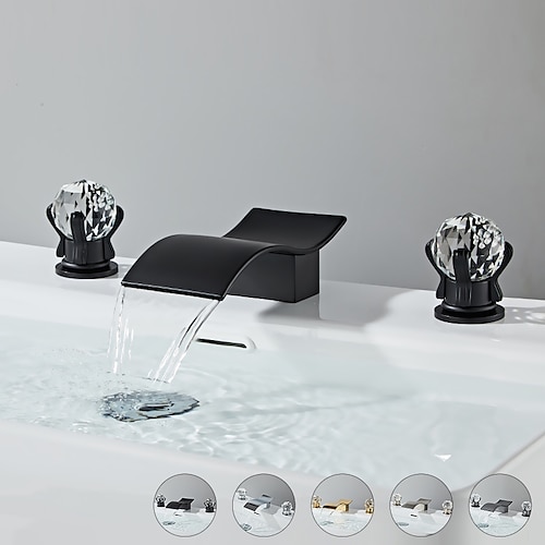 

Bathroom Sink Faucet with Two Crystal Knob Handles Waterfall Matte Black/Chrome Deck Mounted Widespread 3 Holes Bathroom Faucets for Bathtub or Sink