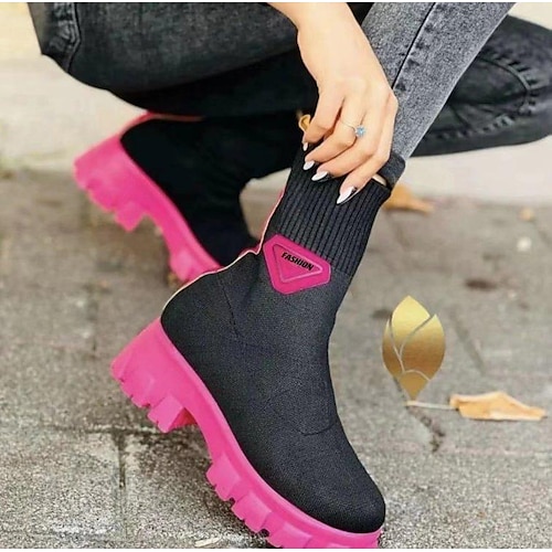 

cross-border 2022 thick-soled flying woven elastic socks boots women's foreign trade large size mid-top two wear martin boots short cotton boots