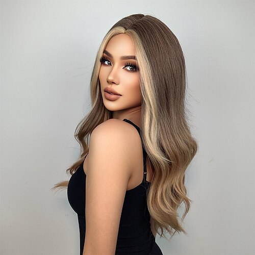 

24 Inch Synthetic Wig Women's Wig Brown Highlights With Blonde Long Wavy Hair Fashion Daily Party Cosplay