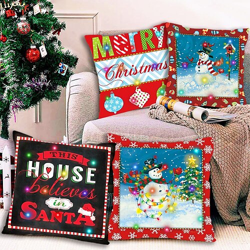 

Christmas LED Lights Pillow Cover Double Side 4PC Snowman Santa Soft Decorative Square Cushion Case Pillowcase for Bedroom Livingroom Sofa Couch Chair Superior Quality