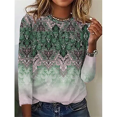 

Women's T shirt Tee Green Blue Red Flower Patchwork Print Long Sleeve Casual Daily Ethnic Round Neck Regular S