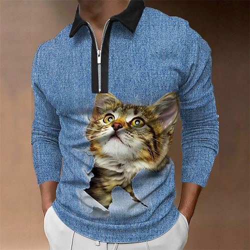 

Men's Polo Shirt Golf Shirt Animal Cat Graphic Prints Turndown Blue 3D Print Outdoor Street Long Sleeve Zipper Print Clothing Apparel Fashion Designer Casual Soft