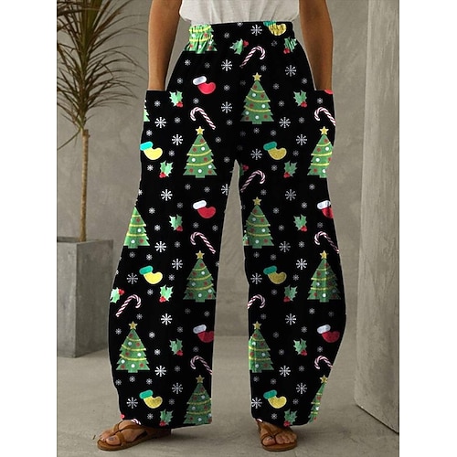 

Women's Pants Trousers Green Fashion Christmas Weekend Side Pockets Wide Leg Micro-elastic Full Length Comfort Tree S M L XL 2XL