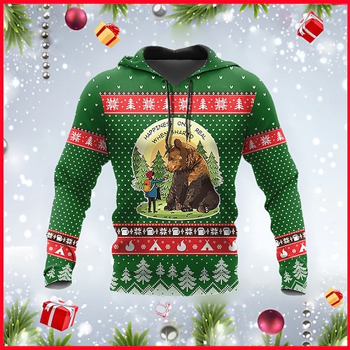 

Men's Pullover Hoodie Sweatshirt Green Hooded Animal Bear Graphic Prints Print Christmas Daily Sports 3D Print Basic Streetwear Designer Spring & Fall Clothing Apparel Hoodies Sweatshirts