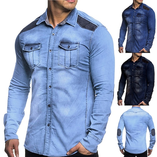 

Men's Denim Shirt Color Block Turndown Sea Blue Blue Light Blue Street Daily Long Sleeve Button-Down Clothing Apparel Fashion Casual Comfortable