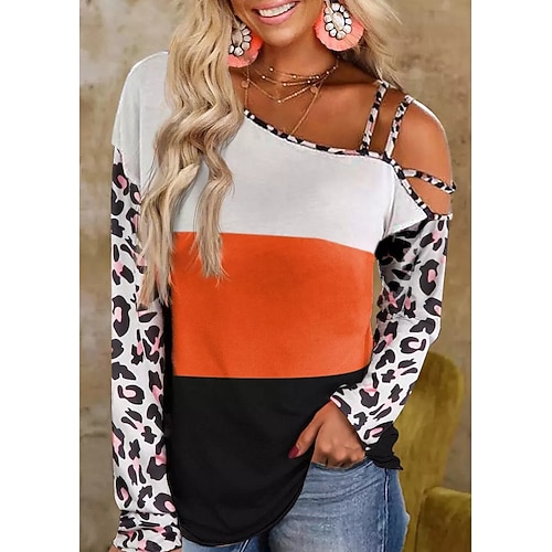 

Women's T shirt Tee Orange Leopard Patchwork Long Sleeve Daily Basic Diagonal Neck Regular S