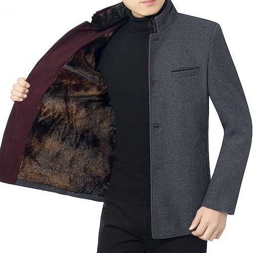 

Men's Winter Coat Wearproof Travel Durable Vacation Casual Daily To-Go Single Breasted Standing Collar Leisure Jacket Outerwear Pure Color Sexy Wine Navy Blue Grey