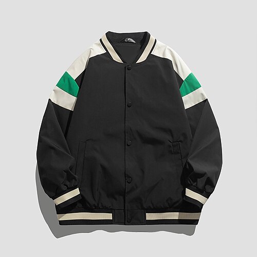 

Men's Varsity Jacket Soft Outdoor Casual / Daily School Daily Wear Vacation Single Breasted Standing Collar Comfort Leisure Jacket Outerwear Color Block Stripes Button Pocket Black Coffee khaki