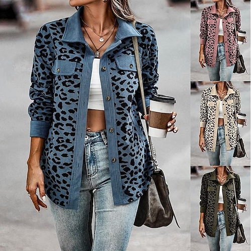 

2022 amazon europe and america cross-border women's autumn and winter fashion leopard print pocket button long-sleeved jacket women's