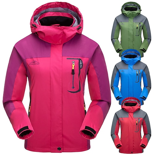 

Women's Waterproof Hiking Jacket Rain Jacket Hiking Windbreaker Outdoor Thermal Warm Waterproof Windproof Breathable Outerwear Hoodie Trench Coat Hunting Fishing Climbing Grass Green Fancy blue Red