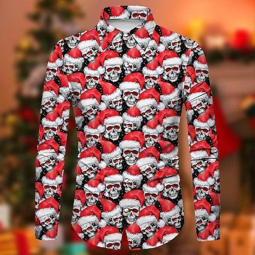 

Men's Shirt Graphic Shirt Skull Turndown Red 3D Print Christmas Halloween Long Sleeve Button-Down Print Clothing Apparel Fashion Designer Casual Breathable