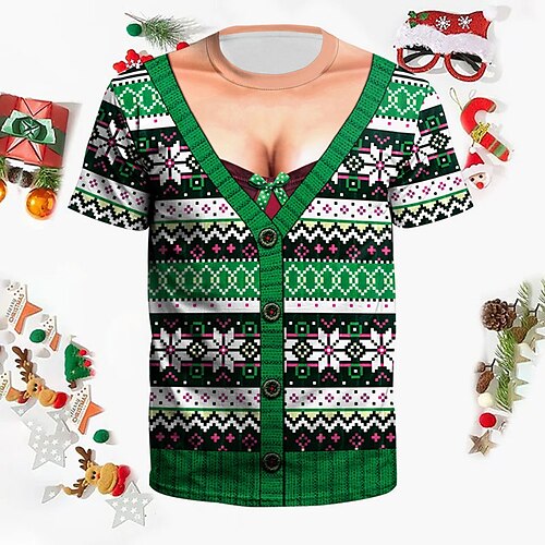 

Men's T shirt Tee Graphic Prints Snowflake Crew Neck Green 3D Print Outdoor Christmas Short Sleeve Print Clothing Apparel Sports Designer Casual Rude Christmas