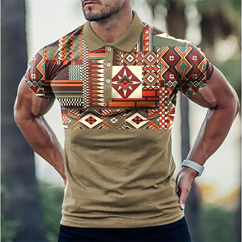 

Men's Polo Shirt Golf Shirt Tribal Graphic Prints Geometry Turndown Black Yellow Khaki Brown 3D Print Outdoor Street Short Sleeves Button-Down Print Clothing Apparel Vintage Designer Ethnic Style