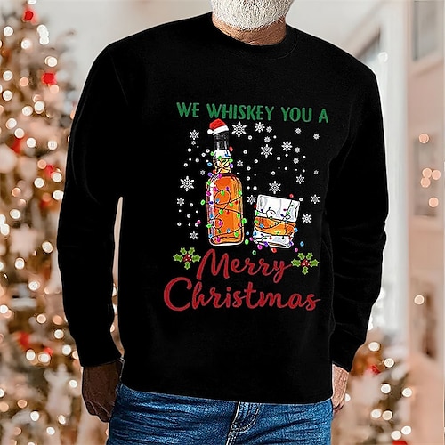 

Men's T shirt Tee Graphic Tee Christmas Shirt Graphic Prints Wine bottle Crew Neck Green Black Wine Red Navy Blue Hot Stamping Christmas Street Long Sleeve Clothing Apparel Basic Designer Casual