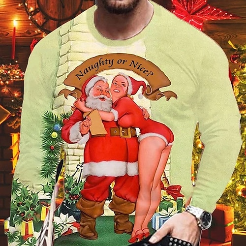 

Men's T shirt Tee Santa Claus Graphic Prints Crew Neck Green 3D Print Outdoor Street Long Sleeve Print Clothing Apparel Basic Sports Designer Casual
