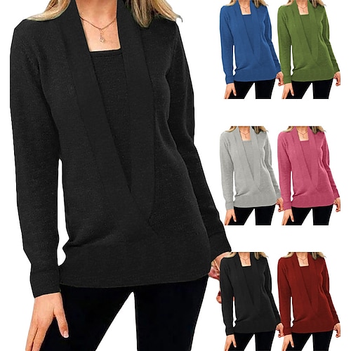 

Women's Blouse Sweater 2 in 1 Knit Solid / Plain Color Classic V Neck Regular Winter Wine Red Green Black Blue Pink