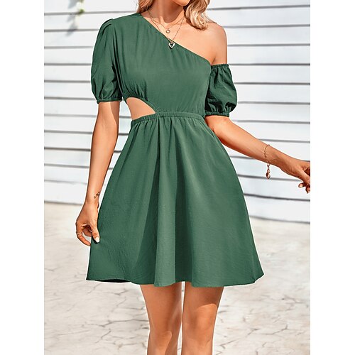 

Women's Party Dress Sheath Dress Swing Dress Mini Dress caramel Green Light Blue Sleeveless Pure Color With Belt Spring Summer One Shoulder Fashion 2022 S M L XL