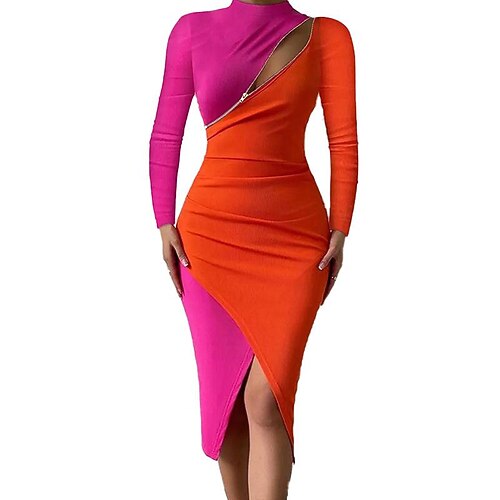 

Women's Bodycon Midi Dress Pink Long Sleeve Color Block Patchwork Winter Fall Spring High Neck Fashion Daily Date Vacation 2022 S M L XL 2XL 3XL