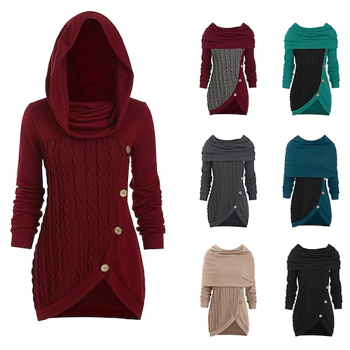 

Women's Sweater Dress Winter Dress Green Blue Wine Khaki Red Gray Black Long Sleeve Pure Color Ruched Button Winter Fall Hooded Casual S M L XL XXL 3XL 4XL 5XL Winter Dress
