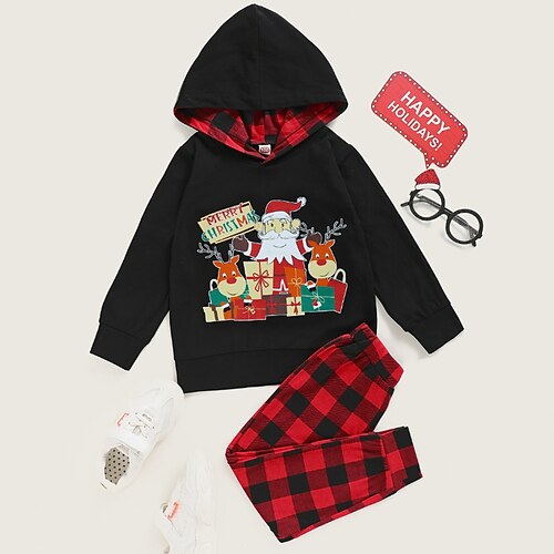 

2 Pieces Toddler Girls' Christmas Plaid Hoodie & Pants Set Long Sleeve Active Outdoor 3-7 Years Winter Black