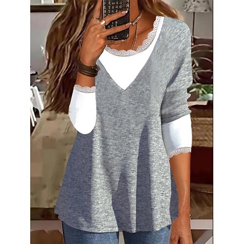 

Women's Blouse Shirt Green Black Blue Color Block Patchwork Lace Trims Long Sleeve Casual Basic Round Neck Regular S
