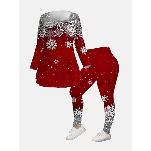 

Women's Plus Size Tops Christmas Set Snowflake Print 3/4 Length Sleeve Crew Neck Casual Festival Daily Polyester Winter Fall Red