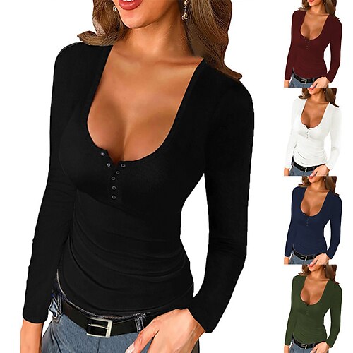 

Women's T shirt Tee Patchwork Sexy Solid / Plain Color Classic U Neck Regular Spring & Fall Wine Red Darkblue Black Army Green White