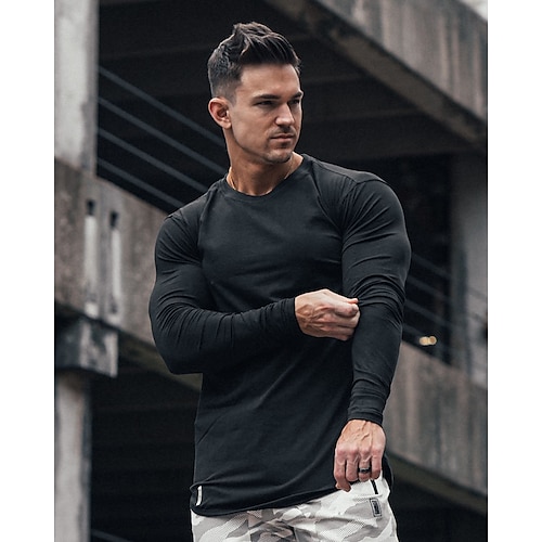 

Men's Workout Shirt Running Shirt Patchwork Long Sleeve Top Athletic Athleisure Winter Cotton Breathable Quick Dry Soft Running Jogging Training Sportswear Activewear Solid Colored Black Dark Navy