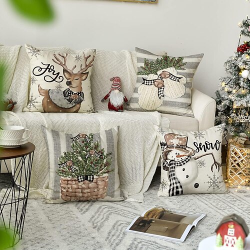 

Christmas Throw Pillow Covers 1pc Snowman Reindeer Gloves Eucalyptus Winter Holiday Stripes Cushion Case Decoration for Sofa Couch