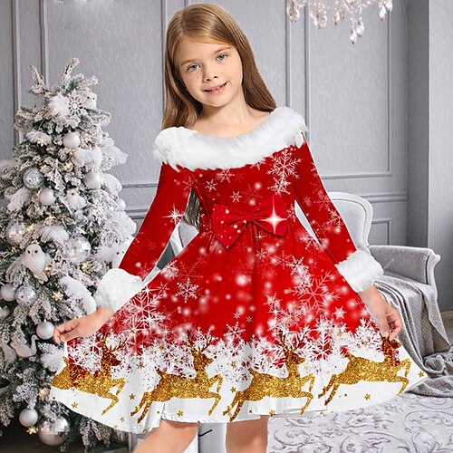 

Kids Girls' Christmas Dress Elk Casual Dress Above Knee Dress Christmas Gifts Fur Trim Crew Neck Long Sleeve Adorable Dress 2-13 Years Winter Red