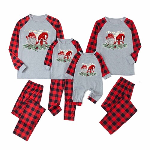 

Christmas Pajamas Family Letter Santa Claus Christmas Tree Home Light Green Wine Ivory Long Sleeve Basic Matching Outfits