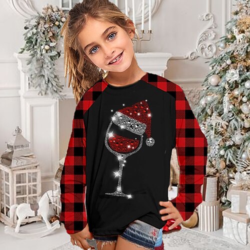 

Kids Girls' Ugly Christmas T shirt Plaid Christmas Gifts 3D Printing Long Sleeve Crewneck Active 7-13 Years Winter Red