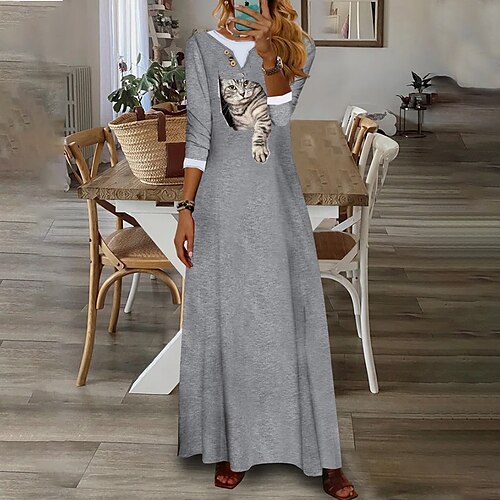 

Women's Casual Dress Swing Dress Long Dress Maxi Dress Gray 3/4 Length Sleeve Cat Button Winter Fall Spring Crew Neck Stylish Weekend 2022 S M L XL XXL 3XL