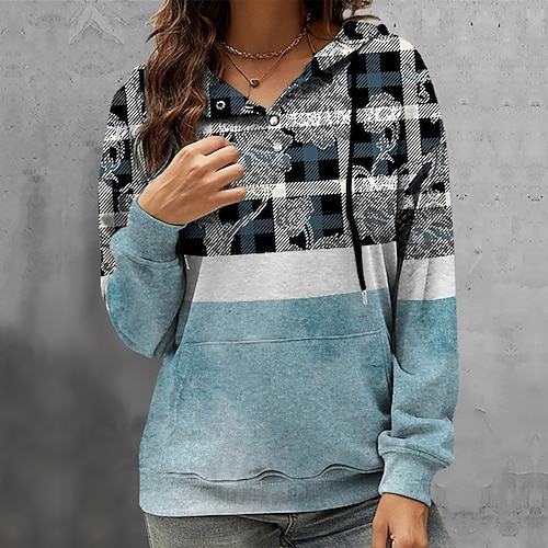 

Women's Hoodie Sweatshirt Pullover Basic Button Front Pocket Green Blue Purple Floral Plaid Street Hoodie Long Sleeve S M L XL 2XL 3XL