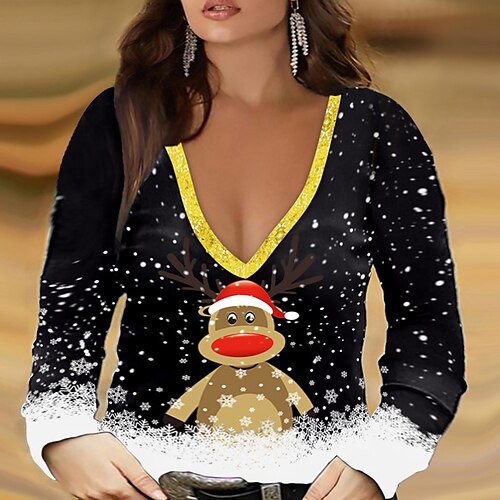 

Women's Plus Size Christmas Tops T shirt Tee Cartoon Deer Print Long Sleeve V Neck Casual Holiday Daily Cotton Winter Fall Green Black