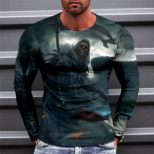 

Men's T shirt Tee Skull Graphic Prints Crew Neck Light Purple Green Blue Purple Yellow 3D Print Outdoor Street Long Sleeve Print Clothing Apparel Basic Sports Designer Casual