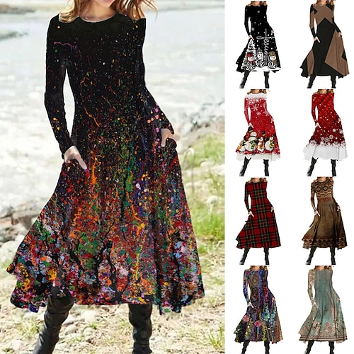 

Women's Casual Dress Swing Dress Midi Dress Blue Yellow Rainbow Long Sleeve Color Gradient Pocket Print Winter Fall Crew Neck Vacation Casual Fall Dress 2022 S M L XL XXL 3XL